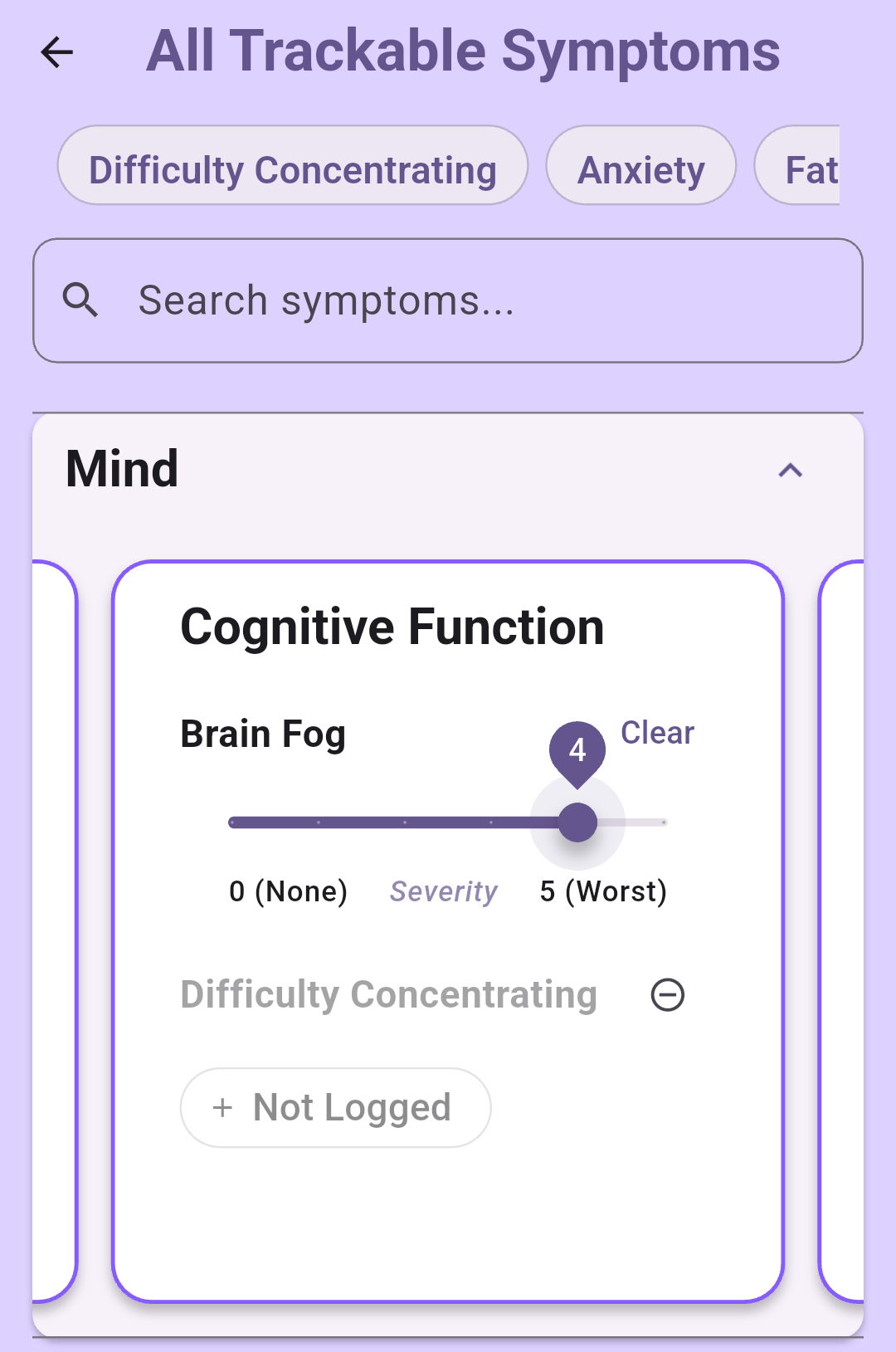Symptom logging screen